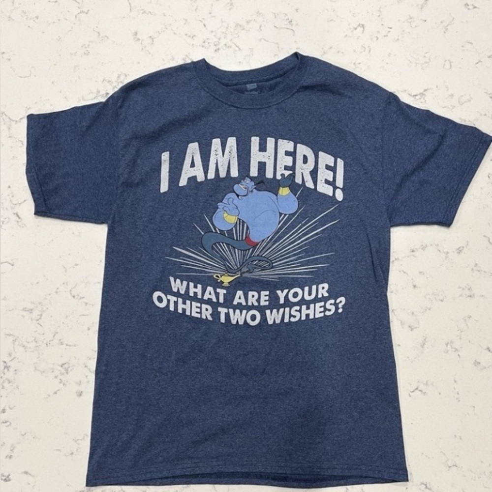 DISNEY PARKS ALADDIN GENIE I am Here Graphic Blue‎ Shirt Sz M Men 90's Cartoon